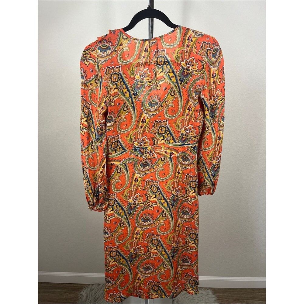 Land’s End Vintage-Inspired Silk Orange Paisley Ruffle V-Neck Knee Length Dress - Picture 3 of 6